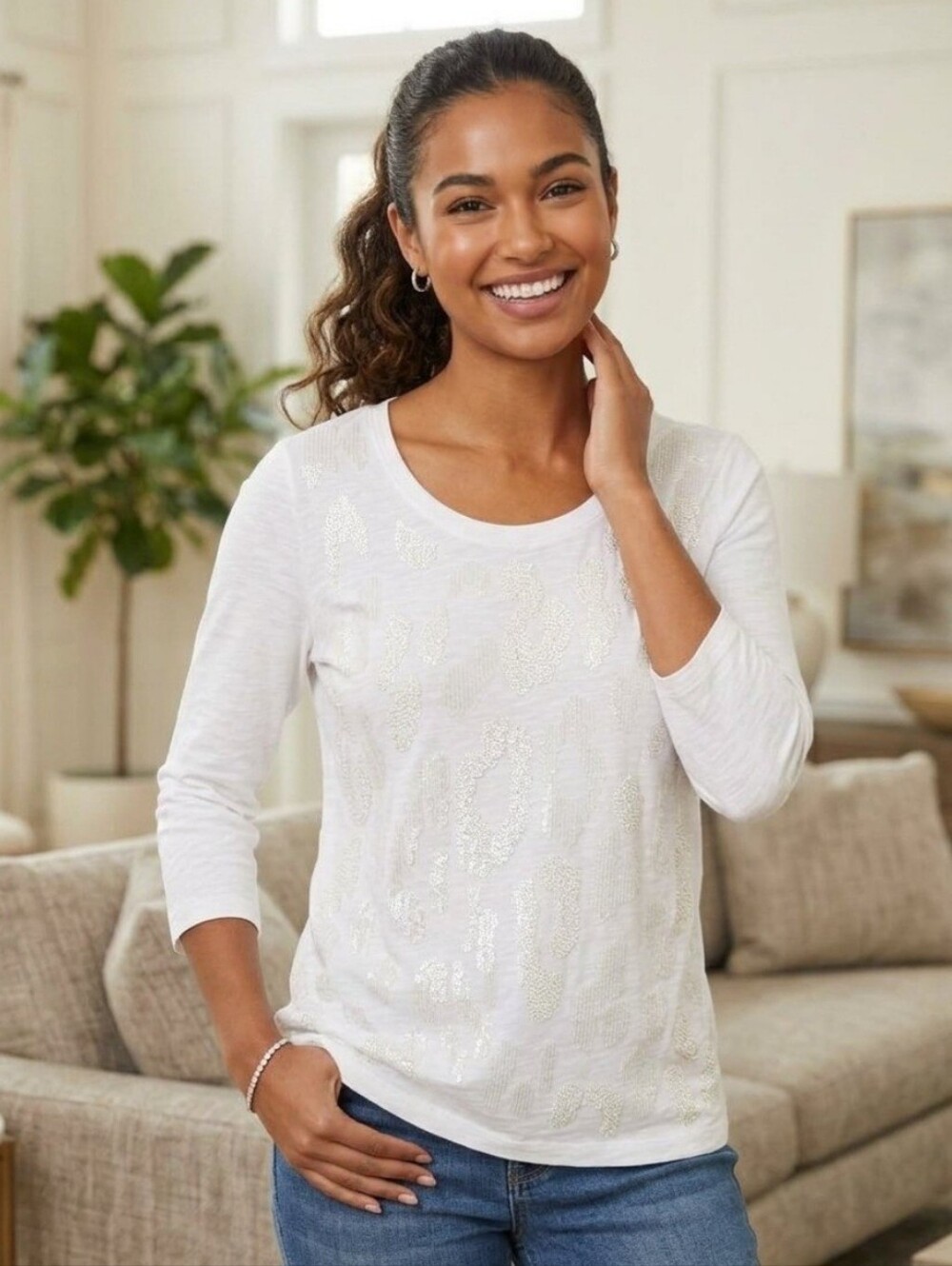 Tommy Bahama Women's Caviar Beaded Lux Tee In White Size XL